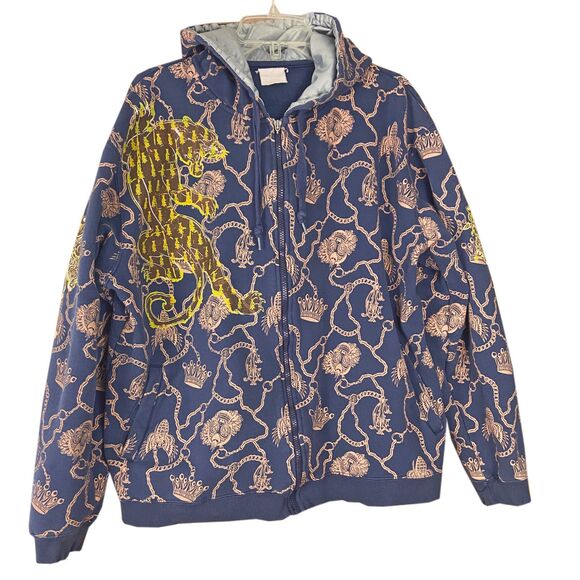 Christian Audigier Men's Full Zip Hoodie Size L (READ) Blue Gold Leopard Crown - Picture 1 of 8